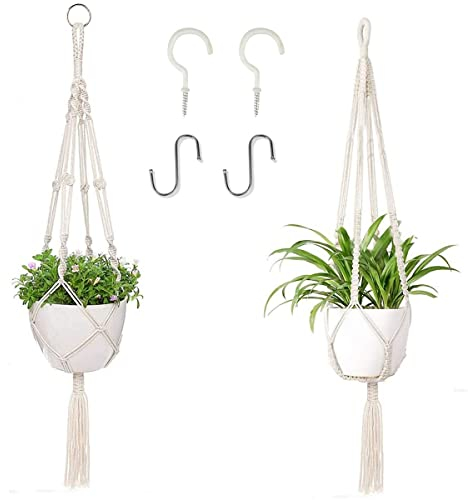 2 Pezzi Macrame Plant Hanger Appendiabiti per Piante Tessuto a Mano Sospese Portafiori con 4 Ganci Vasi per Piante Sospese per Soffitti e Balconi Interni ed Esterni Decorazione 100cm (Bianco Sporco)