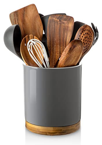 Nucookery 360° Rotating Utensil Holder, 7.2 Large Crock, White Ceramic Cooking Organizer With Countertop-Protection Cork Bottom for Farmhouse Kitchen Decor Gift (Gray)