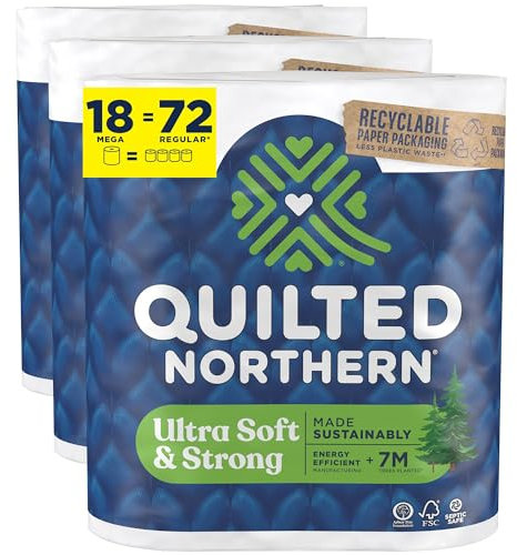 Quilted Northern Ultraweiches & starkes Toilettenpapier, 18 Megarollen = 72 normale Rollen, 5 x stärkeres, weiches Premium-Toilettenpapier mit recycelbarer Papierverpackung