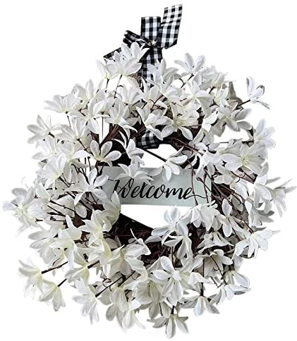 Türkranz Ganzjährig Wandkranz - Türkranz Frühling Handgefertigte Kunstblumendeko für Zuhause, Parties, Türen, Hochzeiten (Weiß Dogwood A, 35cm)