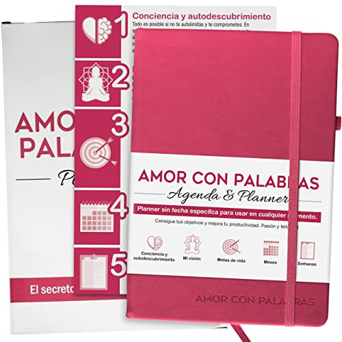 AMOR CON PALABRAS - Kalender 2023 Farbe Magenta Objektive mit Wochenansicht - A5 Wochenplaner 2023 2024 Wochenansicht - Wochen- und Monatsplaner, ohne Datum, inspiriert Produktivität