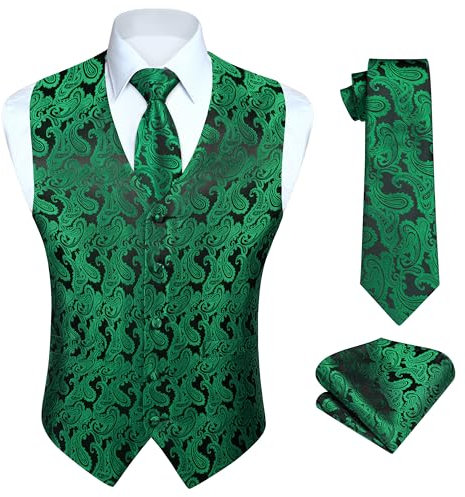HISDERN Paisley Anzug Weste für Herren Jacquard Floral Hochzeit Party Grün Westen Krawatte Einstecktuch Taschentuch AnzugWesten Set 4XL