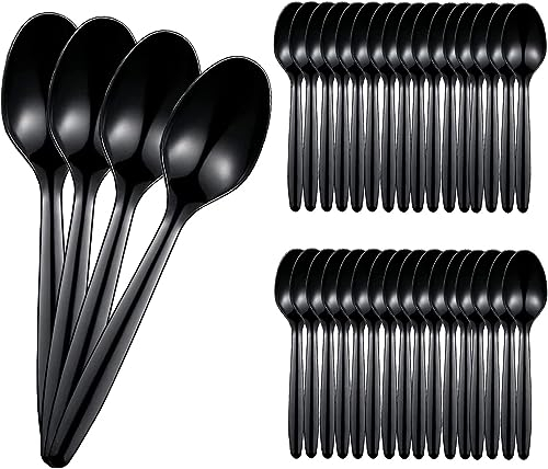 Cuillère Plastique Lot De 100 Cuillères En Plastique Noir Réutilisables Cuillères à Soupe En Plastique Fourchettes Mini Cuillere Vaisselle De Fête Réutilisable Pour Barbecue Pique-nique (Cuillères)