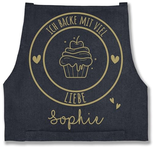 Schürze - Backschürze - Ich backe mit viel Liebe I Geschenk Hobbybäcker I Geschenk Backen - 85x69 - Jeans Blau - personalisierte geschenke bäckerschürze damen konditor cupcake kochschürzen