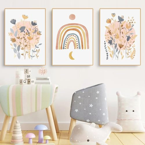 Herfair Poster Kinderzimmer 3er Set Regenbogen und Blume Bilder Babyzimmer, Wandbilder Bilder Boho Babyzimmer Deko, Wandposter für Kinder Mädchen (A,50x70cm)