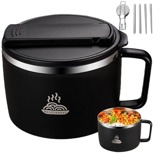 AMOYER 1300ml Stainless Steel Ramen Bowl with Lid Portable Leak-proof Instant Noodles Bowl with Folding Spoon and Chopsticks, Microwave Safe