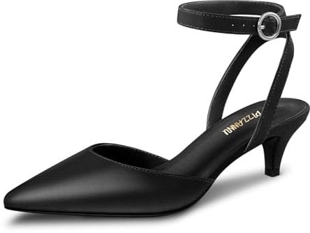 PIZZ ANNU Kitten Heel Shoes for Women Low Heel Pointed Toe Court Shoes for Women Ankle Strap Wedding Shoes for Bride Size 6 Black