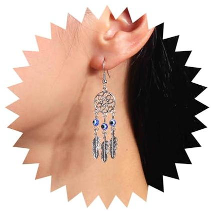 Inilbran Boho Böser Blick Ohrringe Silber Traumfänger Tropfen Ohrringe Vintage Blatt Feder Baumeln Ohrringe Blau Bösen Blick Ohrringe Schmuck Für Frauen Und Mädchen
