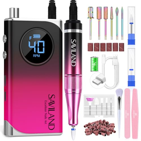 Saviland Professional Nail Drill for Acrylics: High Tech 40000RPM Electric Nail Drill 4000mAh Efile Machine Rechargeable Nail Dremel Portable Nail Grinder Ceramic Drill Bit Salon Manicure Pedicure