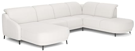 Cavadore Wohnlandschaft Blue, Sofalandschaft mit Longchair im modernen Design, inkl. kopfteilverstellung, Vorziehsitz motorisch, Klapptisch, USB-Anschluss, mattschwarzen Metallfüßen, Flachgewebe, Weiß