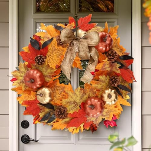 Autumn Wreath Front Door, 19.6inch/50cm Artificial Harvest Festival Wreath with Pumpkins, Pinecones and Maple Leaves Halloween Thanksgiving Decorations (Style D)