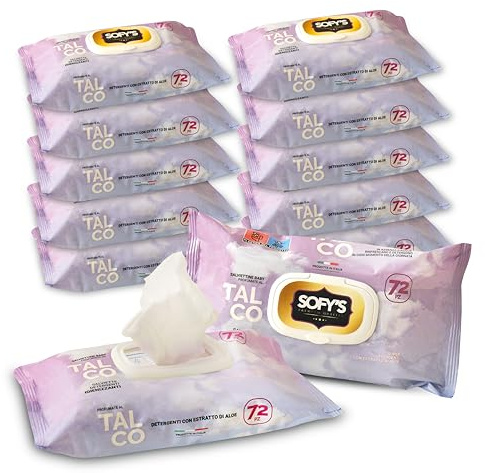 DETERMONDO 864 Salviette Neonato Igienizzanti Umidificate e Profumate al Talco Senza Alcool, Ideali come Detergenti Cambio Pannolino, Viso e Mani, Pacco Scorta 12 confezioni da 72 Salviettine