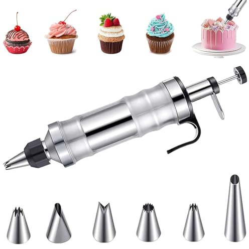 Wjelet Icing Syringe Cake Decorating Kit, Stainless Steel Icing Piping Kit, DIY Frosting Tools with 6 Nozzles Replacement for Piping Bags and Nozzles Set, Cake Piping Kit for Baking