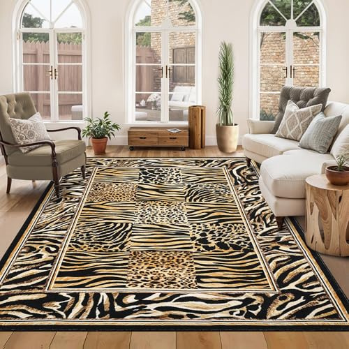 Leopard Rug 5x7 Washable, Soft Leopard Patchwork Print Living Room Large Rug Carpet Non-Slip Low Pile Carpet for Office Bedroom Dining Room, Brown