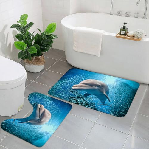KGDHY Badezimmermatten-Sets 2-Teilig, Meerestiere Dekor, EIN großer Delphin im Fisch der,Bad und WC-Vorleger-Set,rutschfeste Badezimmerteppiche wasserabsorbierende