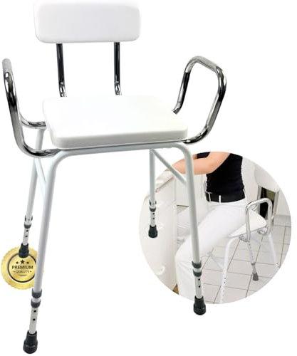 OrtoPrime Taburetes Altos de Cocina TAREAS HOGAR Silla Alta para Cocinar Regulable Silla de Apoyo con Reposabrazos - Silla Alta Ortopédica Ancianos - Taburete Cocina Alto con Respaldo Acolchado