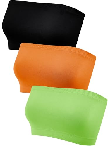 Women's Strapless Bralette Seamless Bandeau Stretchy Non-Padded Bandeau Tube Top Bra in Multi Color, 3 Pieces, Black, Orange, Green, L/XL