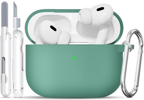 TNSNK Hülle für AirPods Pro 2/1. Gen with Cleaner Kit, Silikon Protection Case for Apple Airpods Pro 2019 (2023 USB-C/Lightning Cable) with Keychain [Support Wireless Charging]-Pine Leaf Green