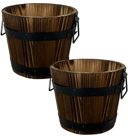 Fyne-Finds Round Wooden Whiskey Barrel Planter 28cm, 11inch Garden Pot with Metal Handles Band Outdoor Tub Weatherproof DrainageHoles (2)