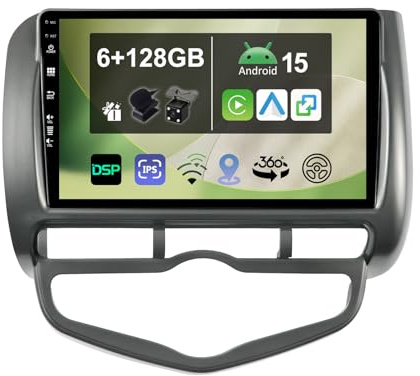 KEC [6G+128G] IPS 9 Android 15 Autoradio Für Honda Jazz City 2002-2007 mit navi Octa Core-[Eingebauter 4G LTE/DAB+/CarPlay/Android Auto/DSP/GPS/Bluetooth 5.0/WLAN/USB/AHD/360 Camera