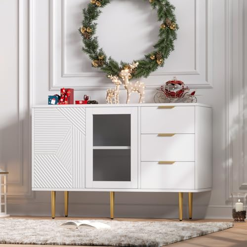 OLIVIBED Kommode mit 2 Türen, Sideboard mit 3 Schubladen, Komodenschrank mit Metallbeinen und Metallgriff, Küchenschrank für Esszimmer Wohnzimmer, 120x38x79.5cm, Weiß und Golden