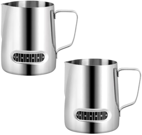 2-Pack 600ml Stainless Steel Milk Frothing Jugs, Barista Grade Milk Steamers with Temperature Indicators, Professional Coffee Shop Accessories (Silver)