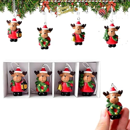 4 Stück Elch Weihnachtsanhänger Set, Weihnachtsbaumschmuck zum Aufhänger, Weihnachten Deko Christbaumschmuck für Weihnachtsbaum, Fenster, Zuhause, Feiertag
