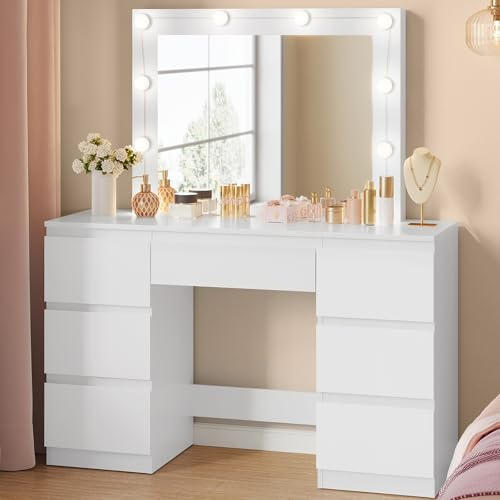 WOLTU Schminktisch mit Beleuchtung und Spiegel, 7 Schubladen | einstellbare Helligkeit, Breite 107 cm, mit großer Stauraum, Frisiertisch aus Holz fürs Schlafzimmer, Weiß