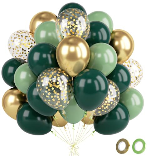 Ballons Geburtstag Grün Gold- 60 Stück Dunkelgrün Salbeigrün Goldene Luftballons Mit Bändern, Retro Grüne Helium Ballons Für Junge Geburtstag Hochzeit Baby Shower Taufe Dschungel Party, 12 Zoll