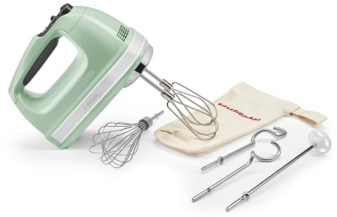 KitchenAid 9-Speed Hand Mixer, 85W Quiet DC Motor with Soft Start, 6 Accessories – Beaters, Whisk, Dough Hooks & Mixing Rod, Swivel Cord, Storage Bag Included, Pistachio