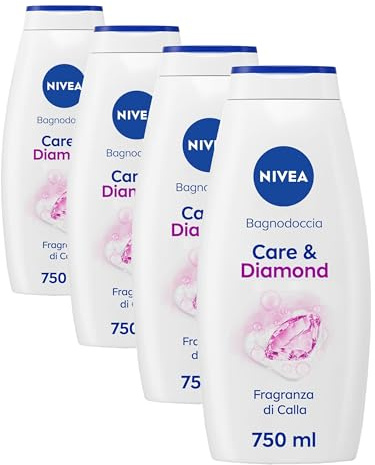 NIVEA Ducha Care & Diamond 750 ml, crema limpiadora e hidratante, crema de ducha enriquecida con vitaminas C, E y aceites nutritivos con aroma floral de Calla (Paquete de 4)