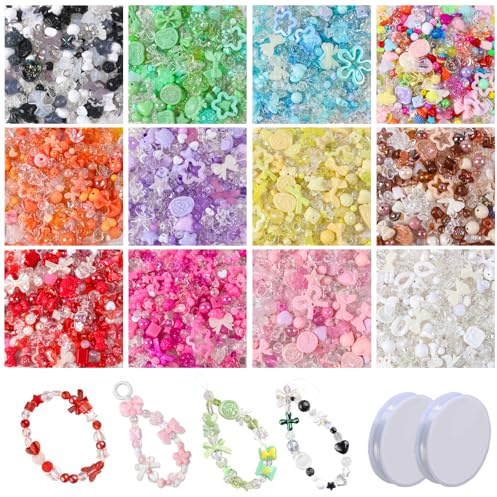 Perlen für Armbänder, 300 Stück Acrylperlen, Armbänder Selber Machen Beads | Charms 12 Farben mit 2 Rolle Armbänder Selber Machen Set für DIY Handwerk Schmuckherstellung