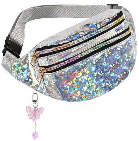 FASBET Bauchtasche Silber Metallic mit Schmetterling Deko, Bauchtasche Mädchen Damen 80er Jahre Karneval Festival Glitzer Bunt Tasche
