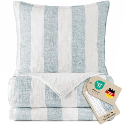Pure Label Musselin Bettwäsche Set 2-TLG. 1x135x200 1x40x80 Streifen, Blau | Anschmiegsam, atmungsaktiv und gestreift für gemütlichen Schlafkomfort