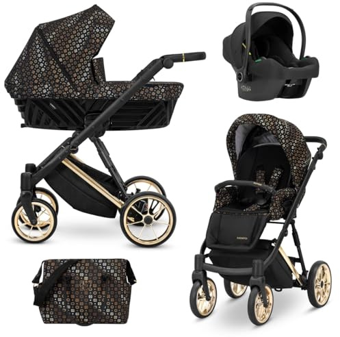 Kunert Ivento Premium 3in1 Kinderwagen in Schwarz/Braun mit Goldrahmen und Zubehör