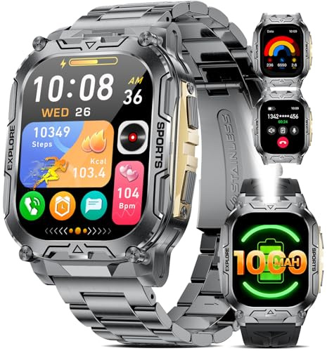 Smartwatch Herren Militär mit 1000mAh Akku/Telefonfunktion,Herzfrequenz/Schlafmonitor/IP68 Wasserdicht/2 Armbänders (Silber)