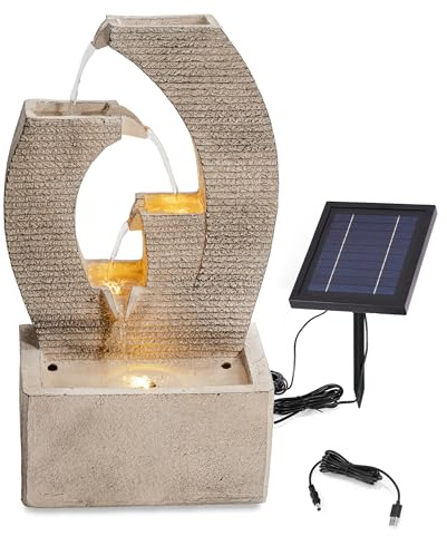 esotec Kaskadenbrunnen Solarbrunnen für draussen 50cm, Stein-Design, LED, USB, Pumpe, Akku, Solarmodul, Gartenbrunnen mit Wasserspiel, Springbrunnen solar für außen, Vogeltränke 101383