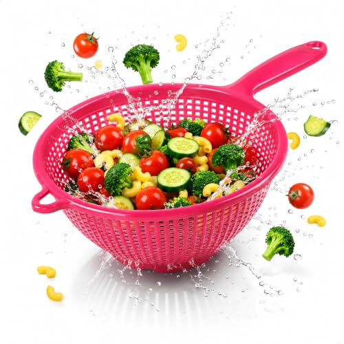 Tamiz de plástico con mango, colador de cocina, colador de plástico, colador de mano, colador de cocina, colador de cocina, colador para ensalada, colador apilable, 35 cm, rojo