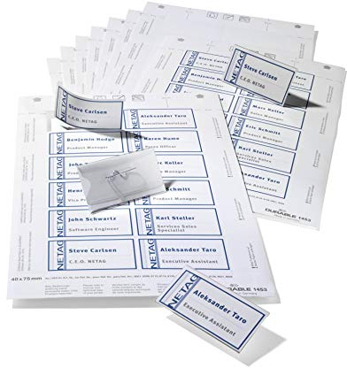 Durable Namensschilder-Set, Namensschilder 40 x 75 mm mit Nadel, passende Einsteckschilder auf A4 Druckbögen, Packung à 20 Stück, 818000