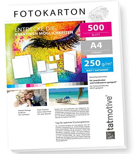 TATMOTIVE F01M500 Fotokarton Fotopapier 250g matt weiß/Laserdrucker/DIN A4 / Beidseitig bedruckbar / 500 Blatt