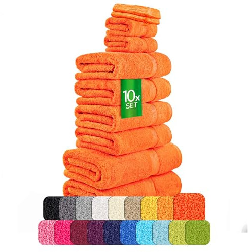 etérea Carli Frottee Handtücher Set - 100% Baumwolle - Oekotex 500 GSM - 10 TLG - 2X Duschtuch 70x140 + 4X Handtuch 50x100 + 2X Gästehandtücher 30x50 + 2X Waschhandschuh 15x21 - Orange