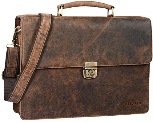 STILORD Robert Aktentasche Businesstasche 15,6 Zoll Laptopfach passend für große DIN A4 Ordner mit Schloss Rinds Leder Farbe:Sepia - braun