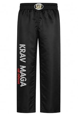 BAY Krav MAGA Satin Kampfsporthose für Kinder und Erwachsene 4XS - XXL | Sporthose leicht Schwarz lang gestickter Schriftzug am Hosenbein elastischer Gummizugbund mit Tunnelzug für sicheren Halt