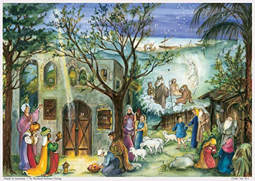 Nostalgischer Papier Adventskalender mit Bildern und Glimmer Stall von Bethlehem