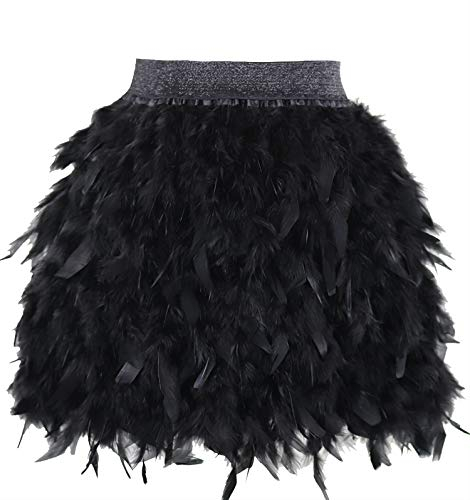 keland Frauen echte natürliche Feder Rock Familie Party kurzen Rock unteren halben Rock (Schwarz, XL)
