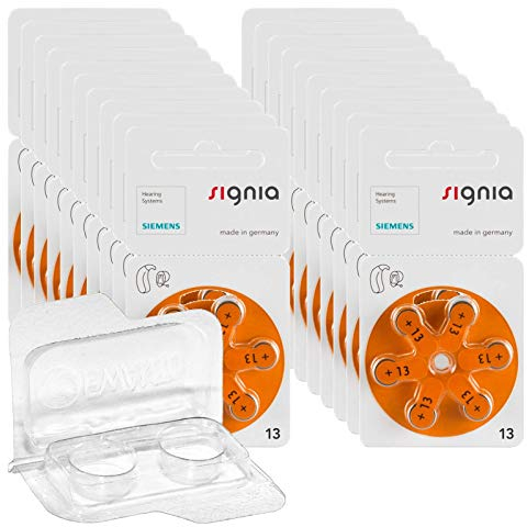 120x Signia Gr. 13 Hörgerätebatterien, 20x6er Blister PR48 Orange 24606 + EWANTO Aufbewahrungsbox f. 2 Batterien (10, 13, 312, 675), transparente Batteriebox für Knopfzellen < Ø 12 mm x H 6 mm