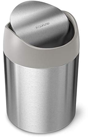 simplehuman 1,5 Liter, Tischabfalleimer mit Schwingdeckel, Mini-Abfalleimer Tischeimer Desktop, Kosmetikeimer, Kleiner Mülleimer, gebürsteter Edelstahl mit grauer Oberseite, CW2084