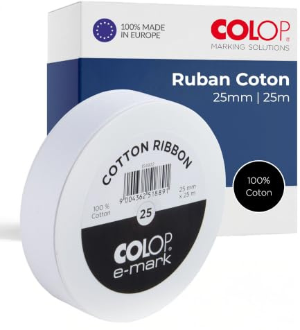 COLOP e-mark Baumwollband | Weiß | 1 Stück | 25mm x 25m | Geschenkband zum Bedrucken | für alle e-mark Modelle | Hochzeiten, DIY-Projekte & Verpackungen