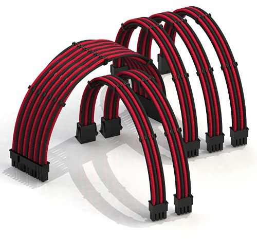 LINKUP - AVA 30cm PSU Cable Extension Sleeved Custom Mod GPU PC Braided w/Comb Kit - Compatible with RTX3090 | 1 x 24 P (20+4) | 2 x 8 P (4+4) CPU | 3 x 8 P (6+2) GPU set | 300mm - RedBlack