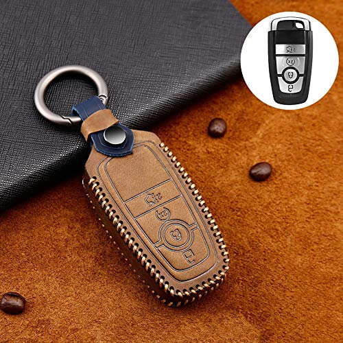 ontto Étui de clé de Voiture en Cuir de Vachette à 4 Boutons pour Ford Mustang Fusion Edge Explorer Expedition F-150 F550 2017-2019 avec Porte-clés, Protection pour télécommande Marron